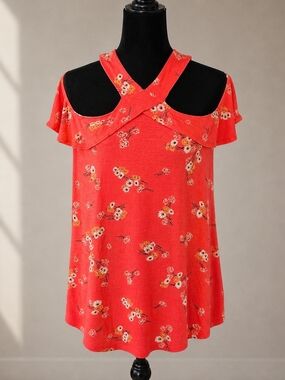 Floral Cold-Shoulder Cross-Strap Top in Red